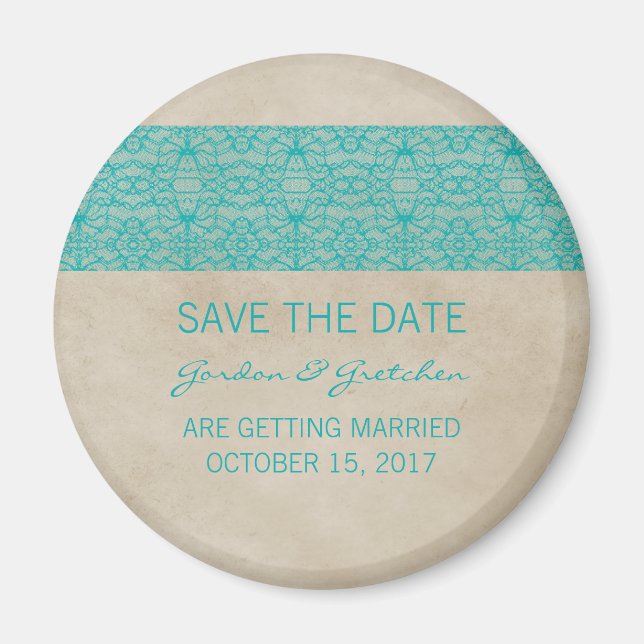 Teal Rustic Lace Save the Date Magnet (Front)