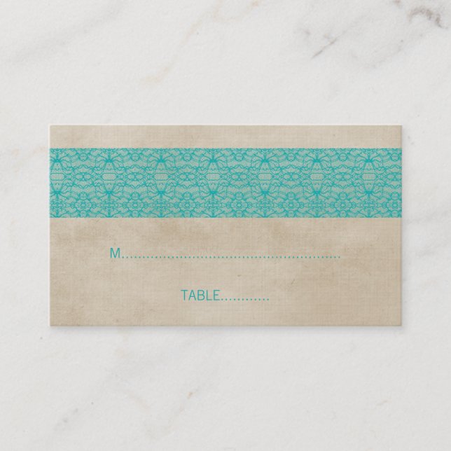 Teal Rustic Lace Wedding Place Card (Front)