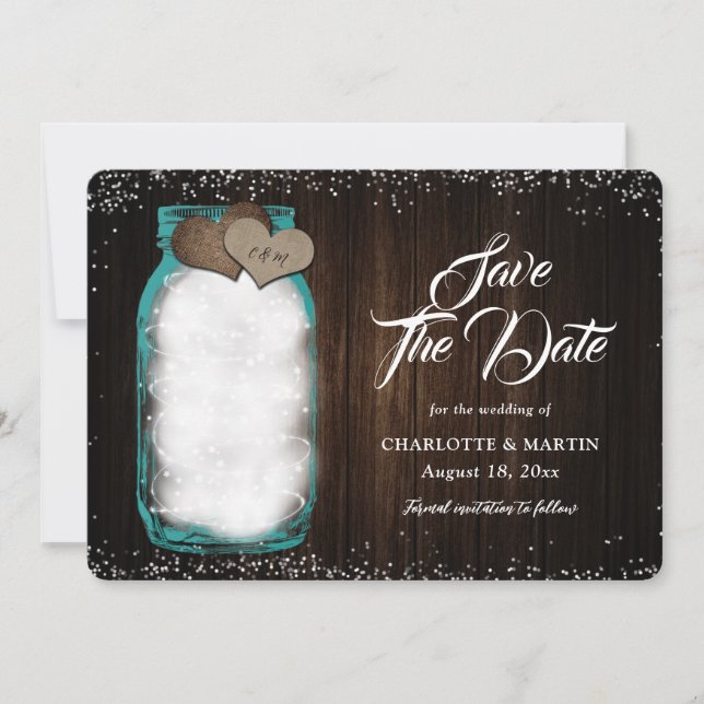 Teal Rustic Mason Jar String Lights Wood Wedding Save The Date (Front)