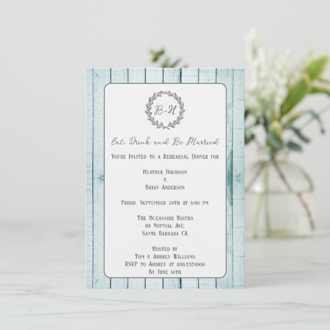 Teal Rustic Monogram Rehearsal Dinner Invitation (Standing Front)