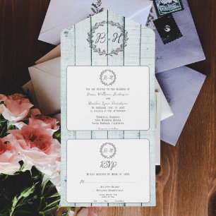 Teal Rustic Monogram Wedding All In One Invitation