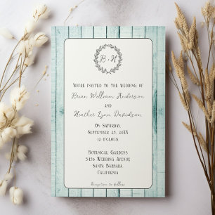 Teal Rustic Monogram Wedding Invitation