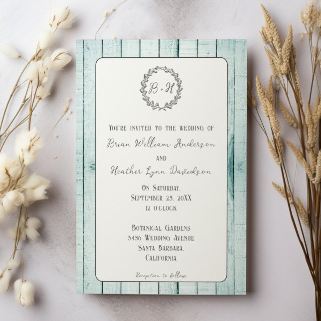 Teal Rustic Monogram Wedding Invitation (Teal Rustic Monogram Wedding Invitation)