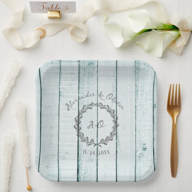 Teal Rustic Monogram Wedding Shower Paper Plates (Wedding)
