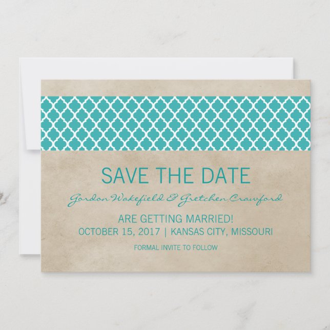 Teal Rustic Quatrefoil Save the Date Invite (Front)