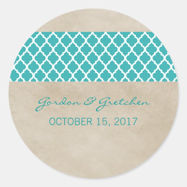 Teal Rustic Quatrefoil Wedding Stickers (Front)