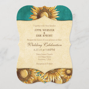 Teal Rustic Sunflower Wedding Invitation