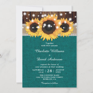 Teal Rustic Sunflower Wedding Invitation