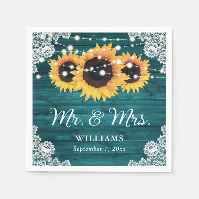 Teal Rustic Sunflower Wood Lace Wedding Napkin (Front)