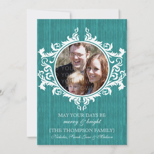 Teal Rustic Swirls Photo Flat Card (Front)