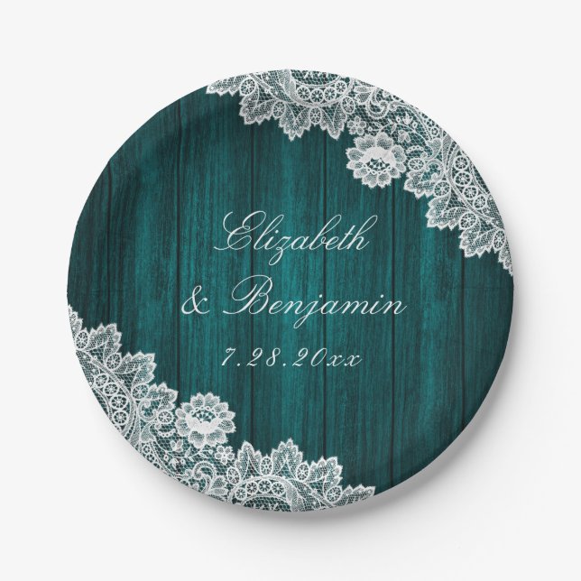 Teal Rustic Wood Floral Lace String Lights Wedding Paper Plate (Front)
