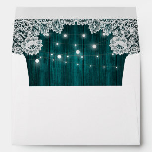 Teal Rustic Wood Lace String Lights Wedding Envelope