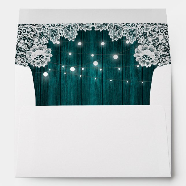 Teal Rustic Wood Lace String Lights Wedding Envelope (Back (Bottom))