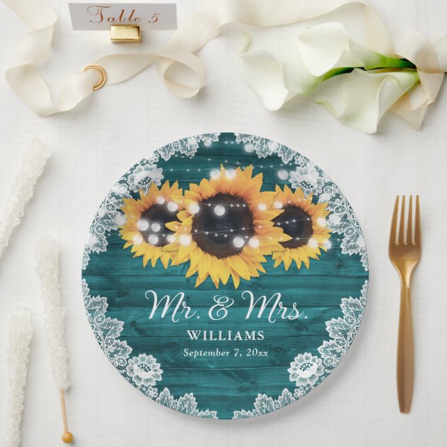 Teal Rustic Wood Lace Sunflower Wedding Paper Plate (Wedding)