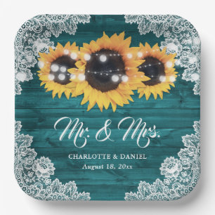 Teal Rustic Wood Lace Sunflower Wedding Paper Plate