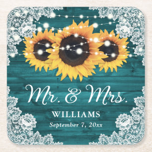 Teal Rustic Wood Lace Sunflower Wedding Square Paper Coaster