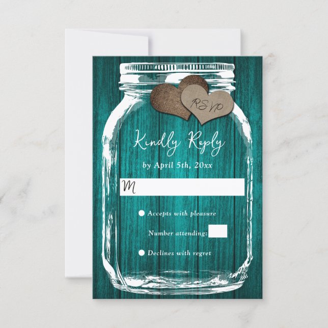 Teal Rustic Wood Mason Jar Fall Wedding RSVP Card (Front)