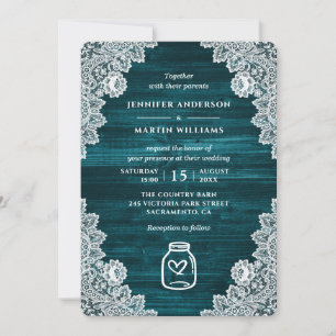 Teal Rustic Wood Mason Jar Floral Lace Wedding Invitation