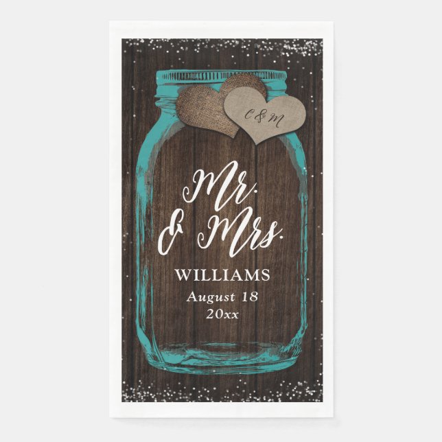 Teal Rustic Wood Mason Jar Mr. & Mrs. Wedding Napkin (Front)