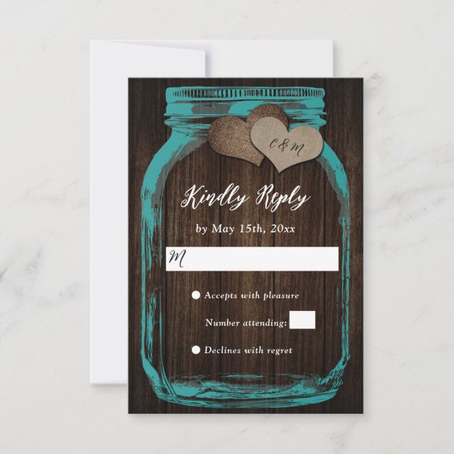 Teal Rustic Wood Mason Jar Two Hearts Wedding RSVP (Front)