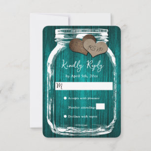 Teal Rustic Wood Mason Jar Two Hearts Wedding RSVP Card