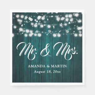 Teal Rustic Wood String Lights Mr and Mrs Wedding Napkin