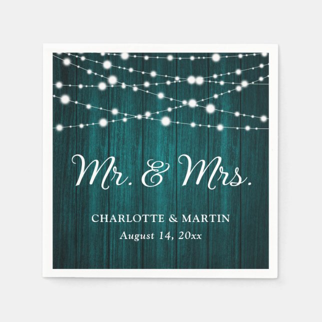 Teal Rustic Wood String Lights Mr. & Mrs. Wedding Napkin (Front)
