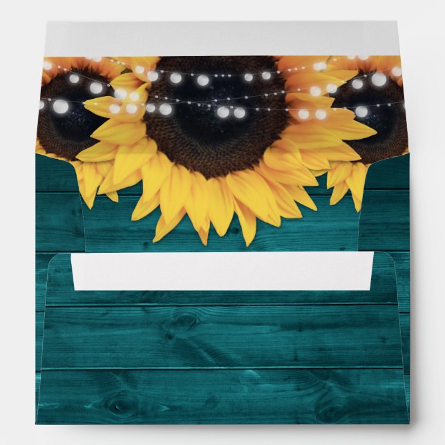 Teal Rustic Wood String Lights Sunflowers Envelope (Back (Bottom))