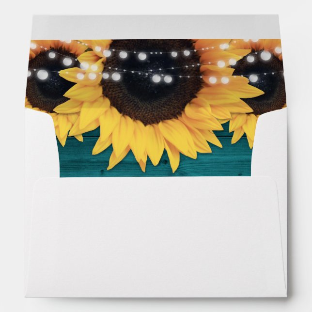 Teal Rustic Wood String Lights Sunflowers Envelope (Back (Bottom))