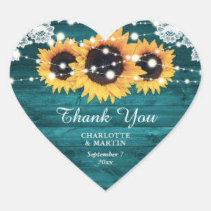 Teal Rustic Wood Sunflower Wedding Thank You Heart Sticker