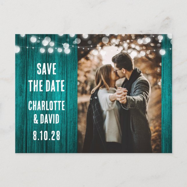 Teal Rustic Wood Wedding Photo Save The Date Announcement Postcard (Front)