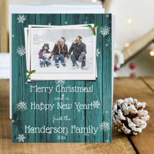Teal Rustic Wooden Flat Holiday Photo Card