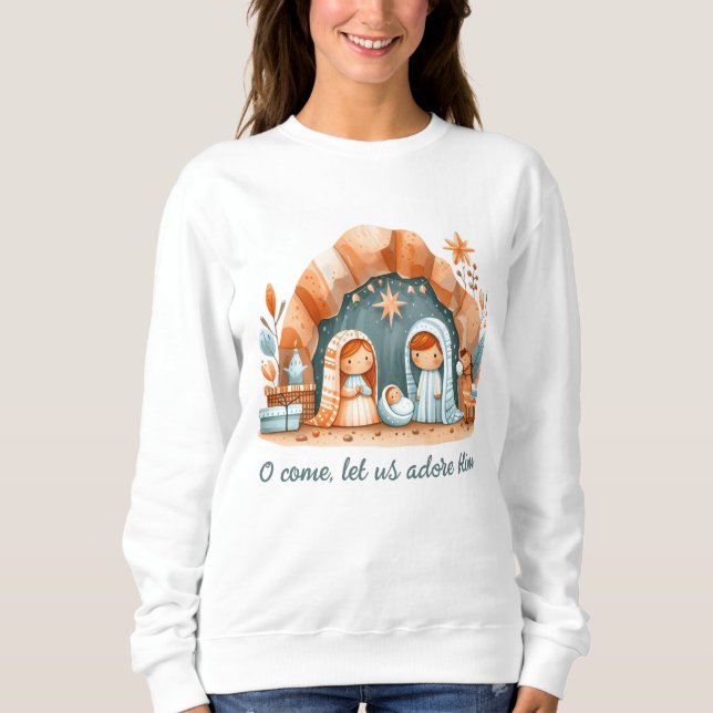 Teal, Rusty Orange Christmas Nativity Religious Sweatshirt (Front)