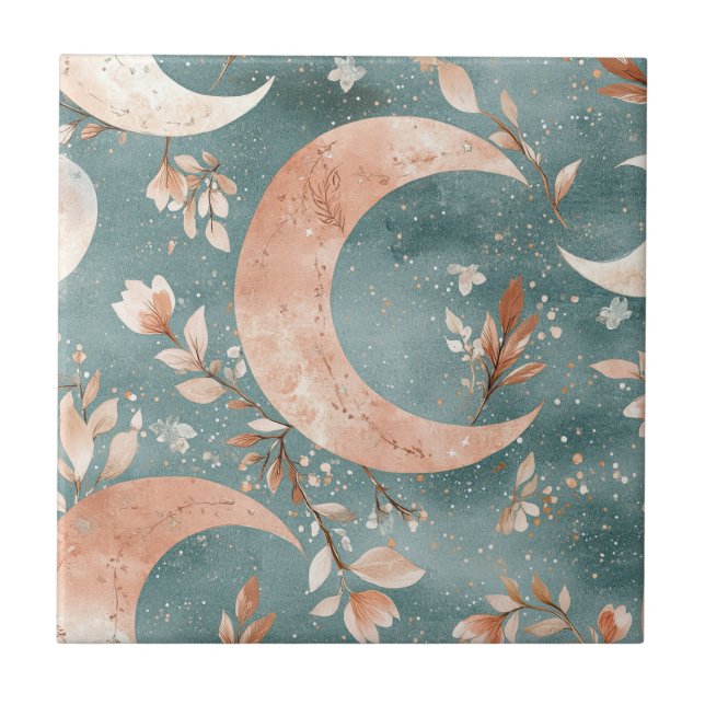 Teal Sage Celestial Crescent Moon Floral Ceramic Tile (Front)