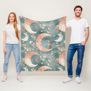 Teal Sage Celestial Crescent Moon Floral Fleece Blanket