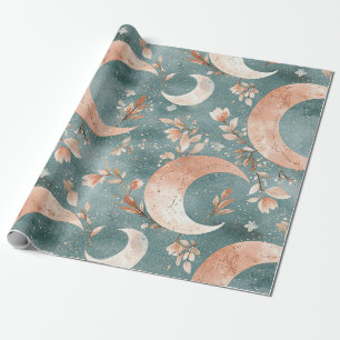 Teal Sage Celestial Crescent Moon Floral Wrapping Paper