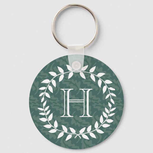 Teal & Sage Greenery Wreath Monogrammed Botanical Key Ring (Front)