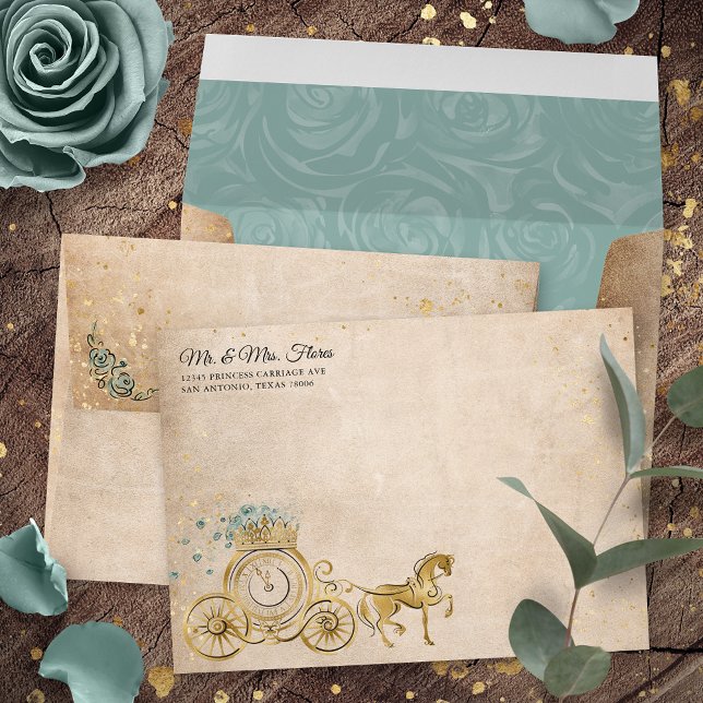 Teal Sage Seafoam Gold Princess Return Address Envelope (Elegant horse drawn carriage teal sage seafoam green and gold  envelopes fit for a princess.)
