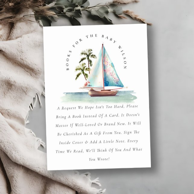 Teal Sailboat Palm Seascape Books For Baby Shower Enclosure Card (Creator Uploaded)