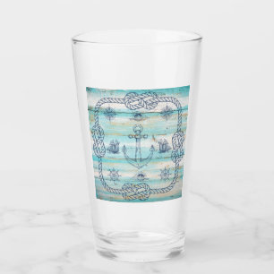 Teal Sailboats Anchor Compass Nautical Beachy Glass