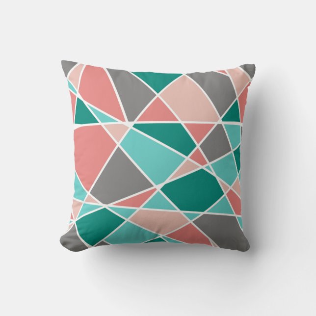Teal Salmon Pink Slate Gray White Geometric Shapes Cushion (Front)