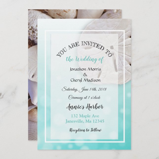Teal Sand Dollar Beach Themed Wedding Invitations (Front/Back)