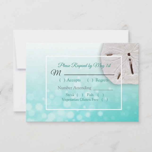 Teal  Sand Dollar Oceanic Wedding RSVP card (Front)