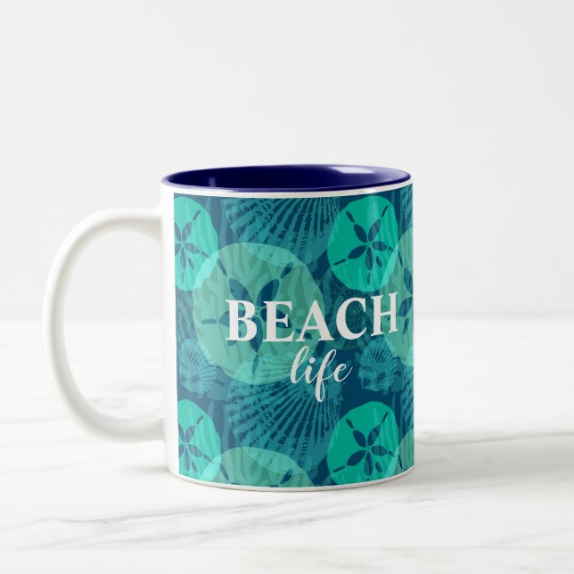 Teal Sand Dollars and Seashells Beach Life Two-Tone Coffee Mug (Left)