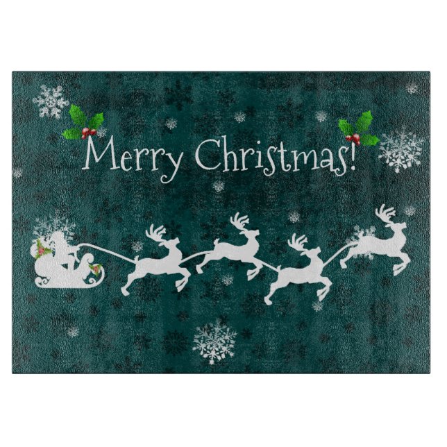Teal Santa's Sleigh and Reindeer Cutting Board (Front)