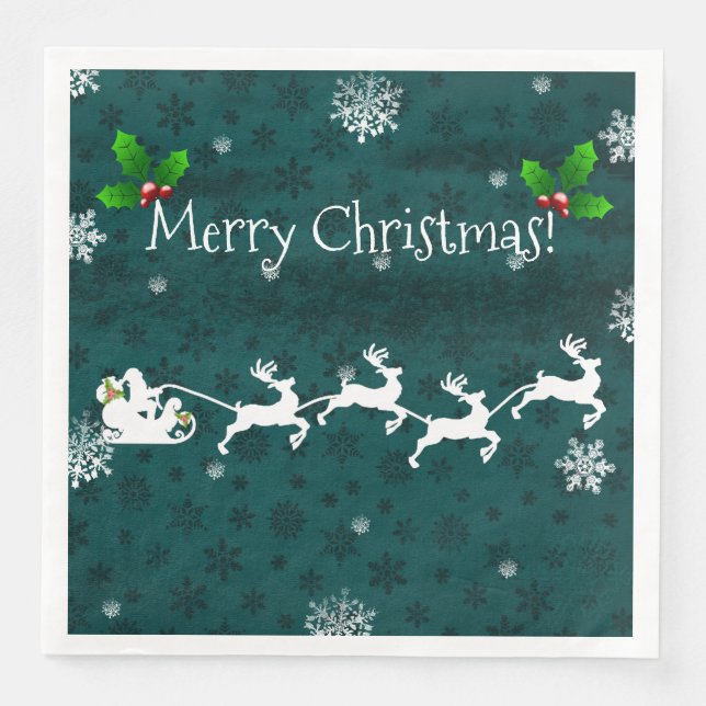Teal Santa's Sleigh and Reindeer Paper Napkin (Front)