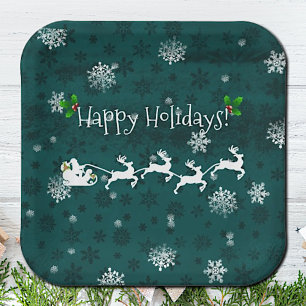 Teal Santa's Sleigh and Reindeer Paper Plate