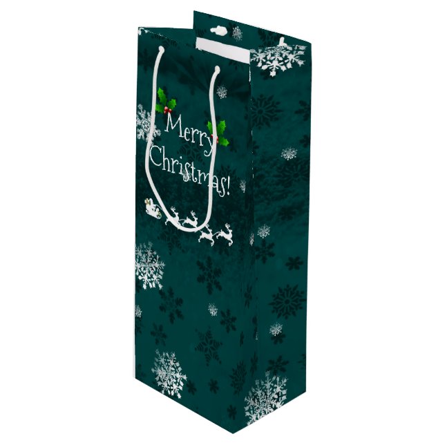 Teal Santa's Sleigh and Reindeer Wine Gift Bag (Front Angled)