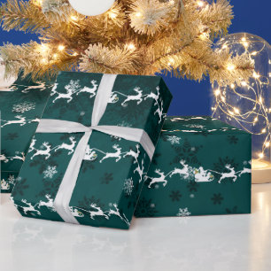 Teal Santa's Sleigh and Reindeer Wrapping Paper