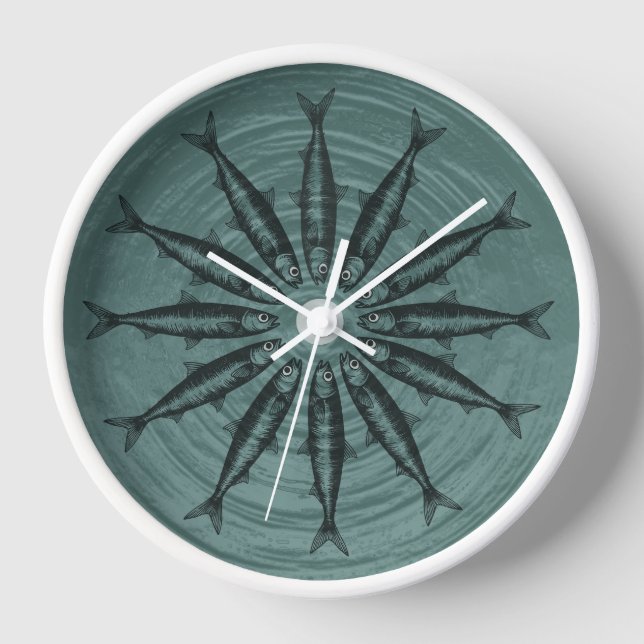 Teal Sardine Drawing Sketch Fish Pattern   Clock (Front)